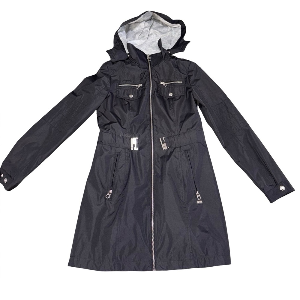 M60 Miss Sixty Black Hooded Trench Coat Jacket Belted Size S - Picture 2 of 14